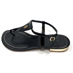 Tory Burch Black Leather Gold Logo Heel Thong Sandals Size 9